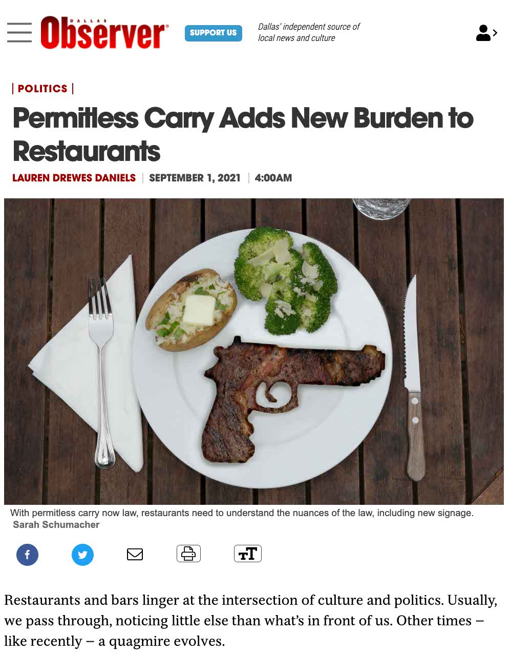 Permitless carry in restaurants leaves restauranteurs responsible for safety